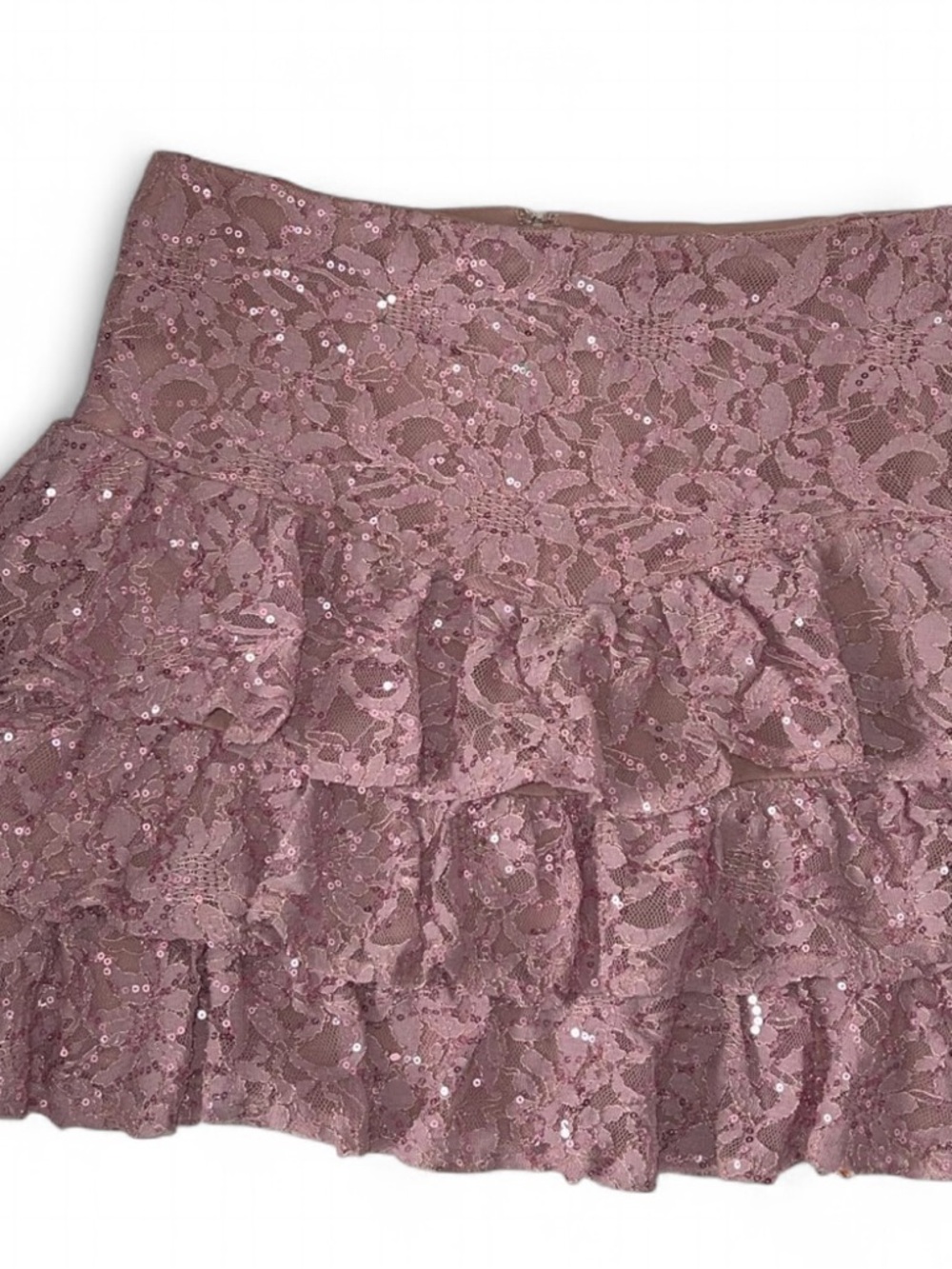 City Studio Dusty Rose Lace Sequin Ruffled Mini Skirt